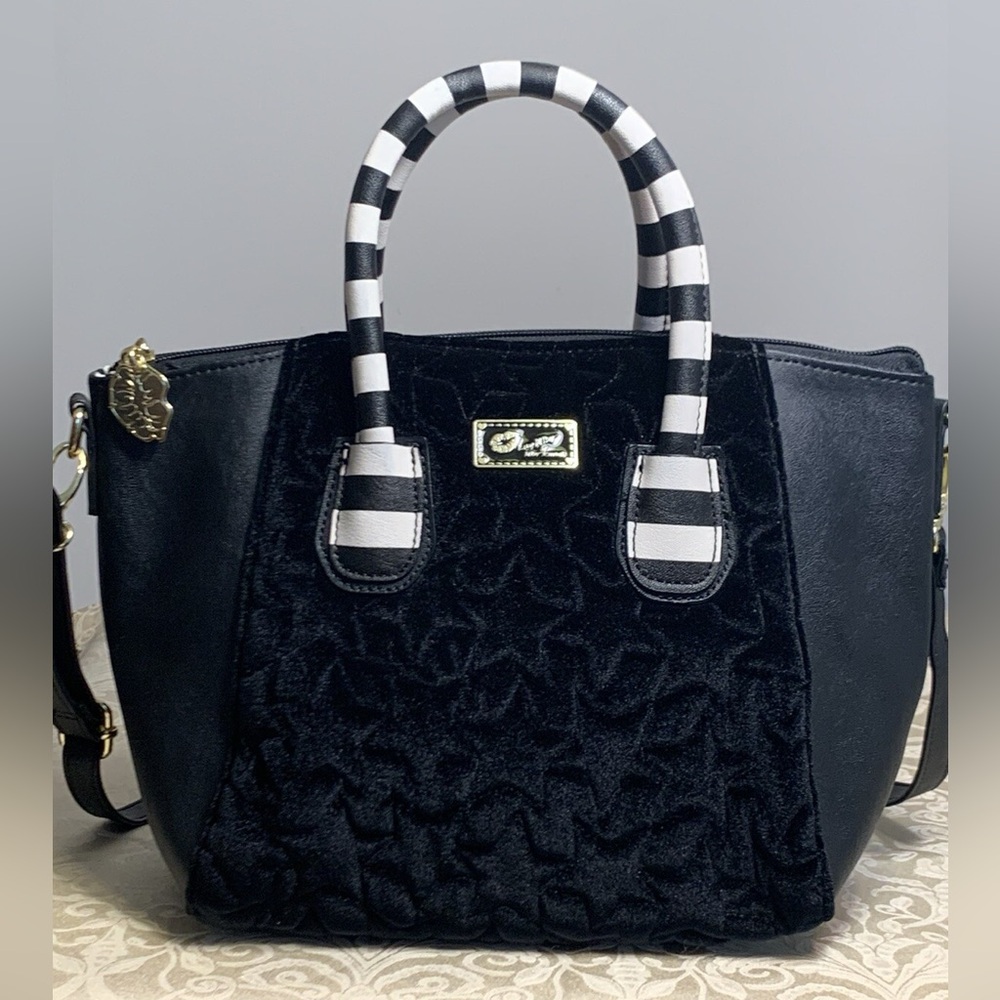 Betsey Johnson Black White Velvet Striped Beetlejuice Satchel Crossbody Tote Bag